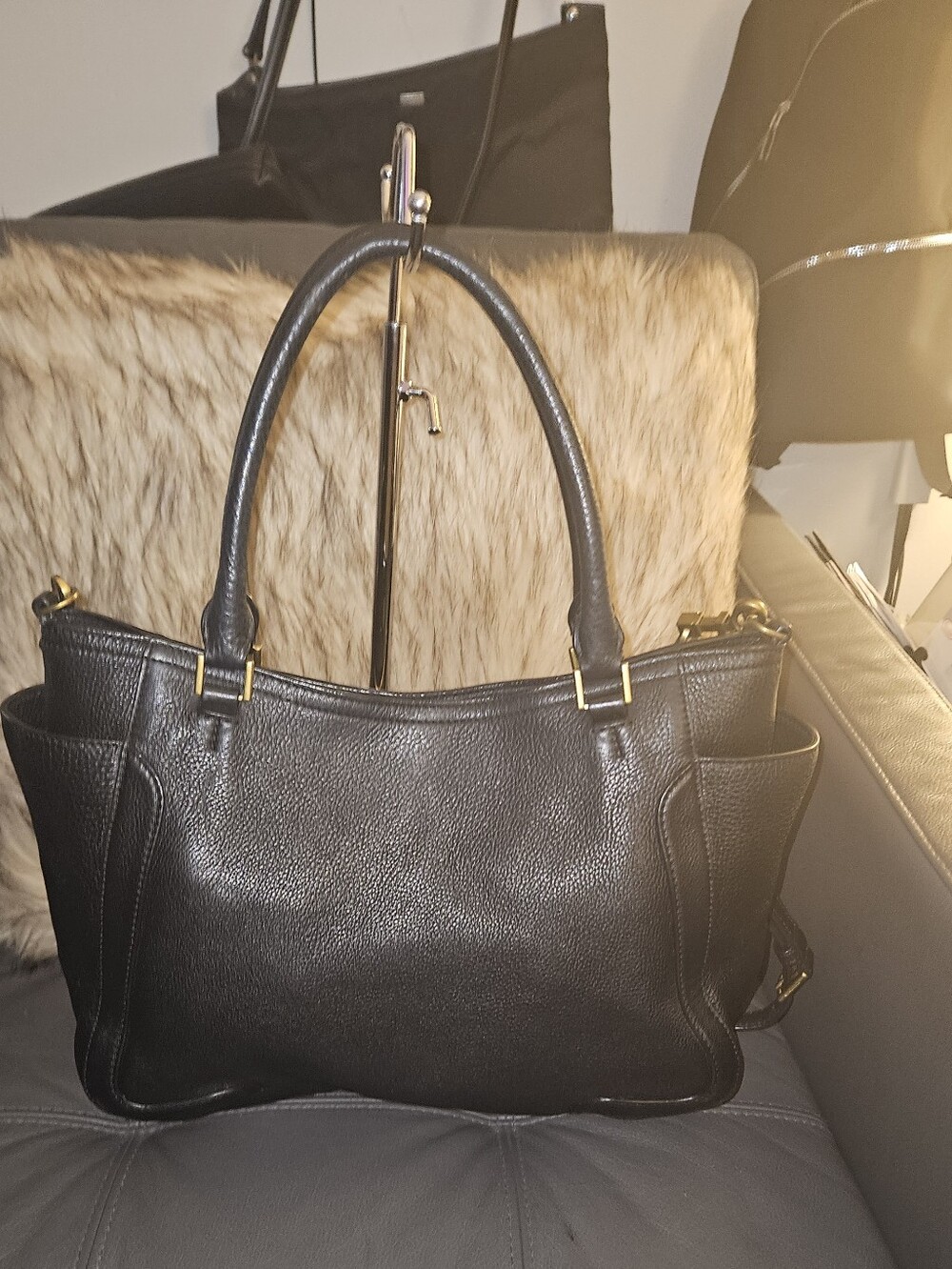 Tory Burch Black Pebbled Leather Shoulder Tote with Tassel - Picture 3 of 6